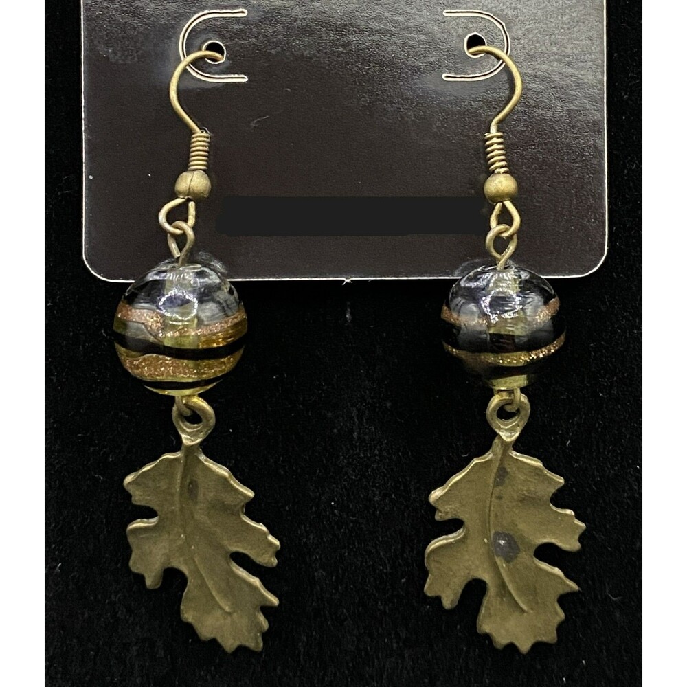 Handmade Bronze Tone Oak Leaf Green Black Gold Glass Bead Earrings by Neanie-Bot